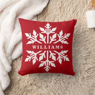 Personalized Name White and Red Large Snowflake Throw Pillow