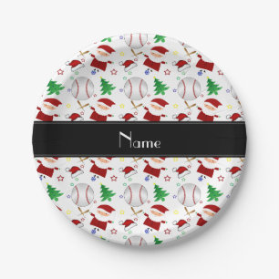 Personalized name white baseball christmas paper plates