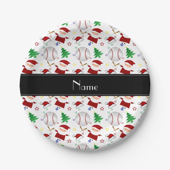 Personalized name white baseball christmas paper plates (Front)