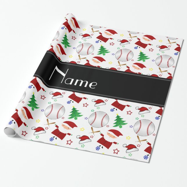 Personalized name white baseball christmas wrapping paper (Unrolled)