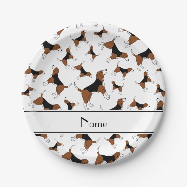 Personalized name white beagle dog pattern paper plates (Front)