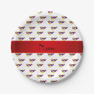 Personalized name white billiard balls red stripe paper plates