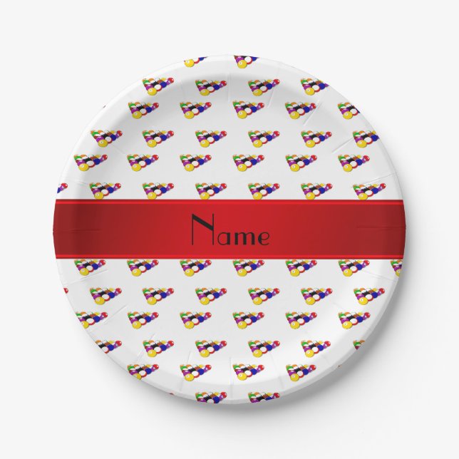 Personalized name white billiard balls red stripe paper plates (Front)