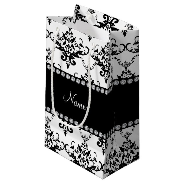 Personalized name white black damask small gift bag (Front Angled)