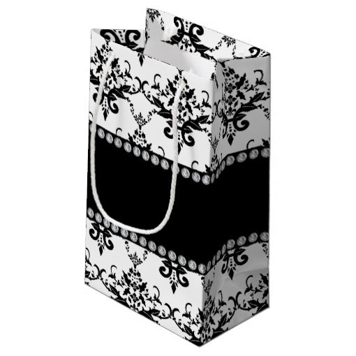 Personalized name white black damask small gift bag Zazzle