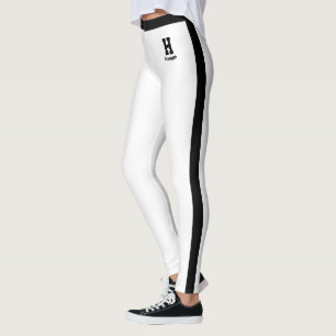 Personalized Name White Black Monogram Stripes Leggings