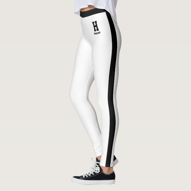 Personalized Name White Black Monogram Stripes Leggings (Left)
