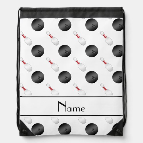 Personalized name white bowling balls pins drawstring bag