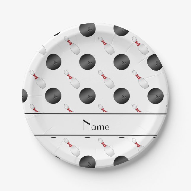 Personalized name white bowling balls pins paper plates (Front)
