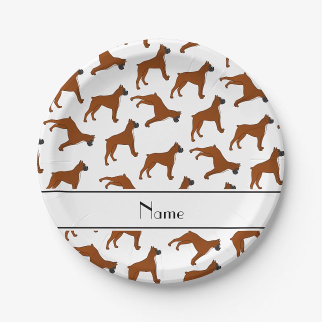 Personalized name white boxer dog pattern paper plates (Front)