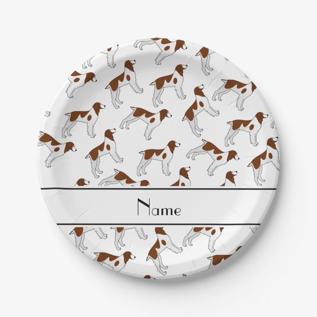 Personalized name white brittany spaniel dogs paper plates (Front)