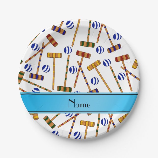 Personalized name white croquet pattern paper plates (Front)