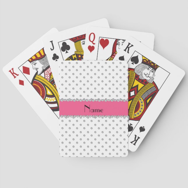 Personalized name white diamonds pink stripe poker cards (Back)
