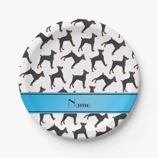 Personalized name white doberman pinschers paper plates (Front)