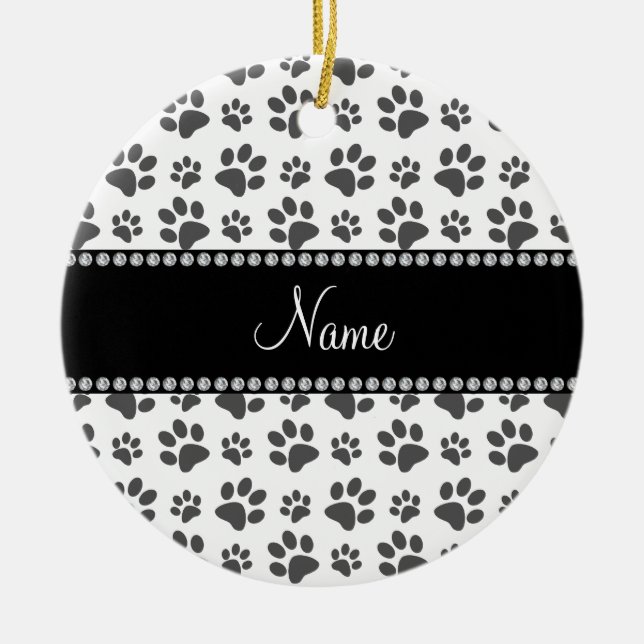 Personalized name white dog paw print ceramic ornament (Front)