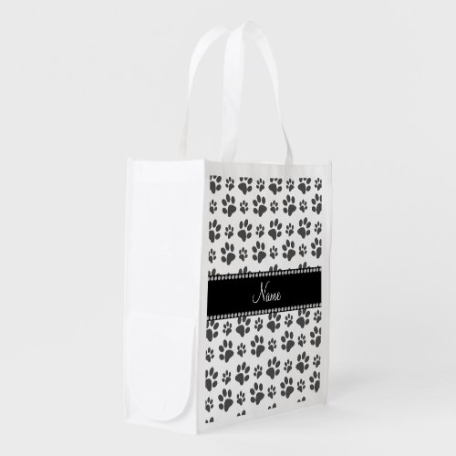Personalized name white dog paw print grocery bag