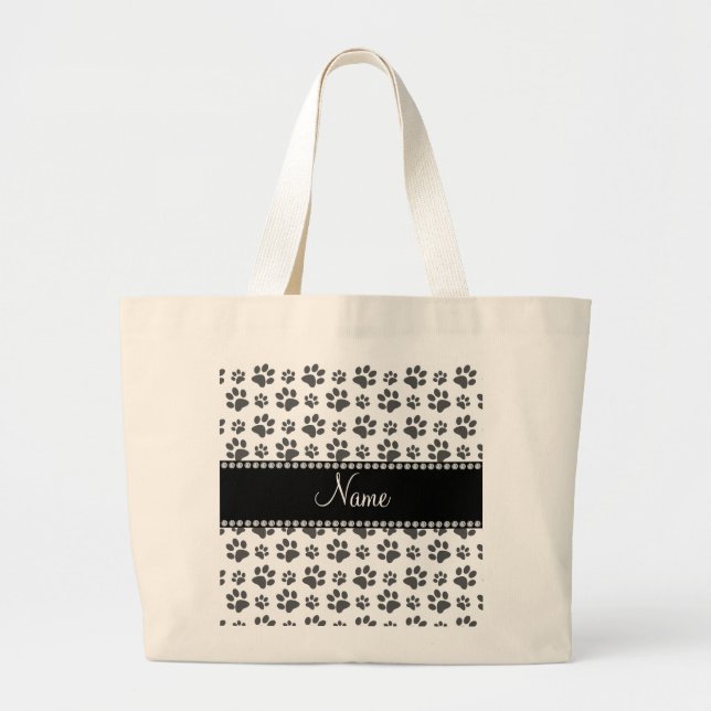 Personalized name white dog paw print large tote bag (Front)
