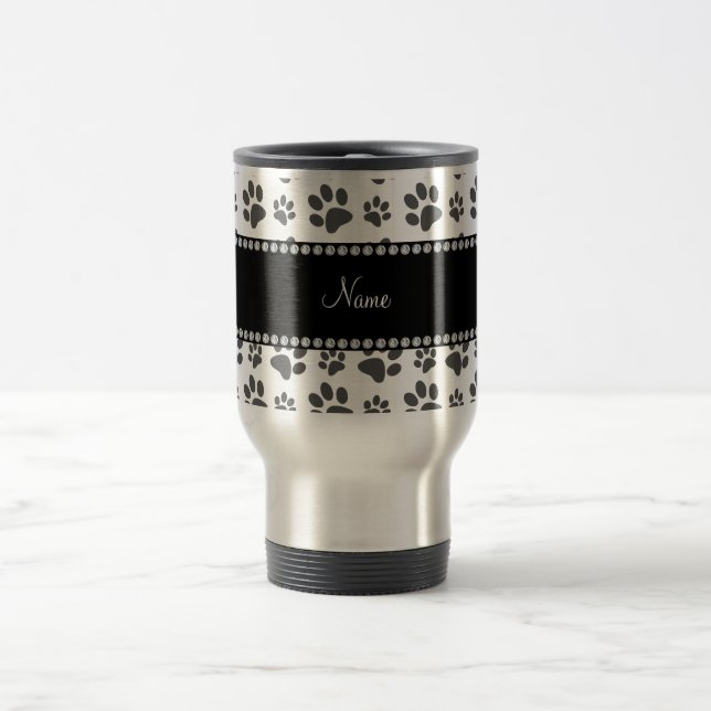 Personalized name white dog paw print travel mug (Center)