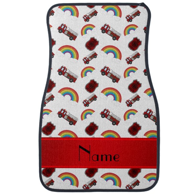 Personalized name white fire trucks rainbows car mat (Front)