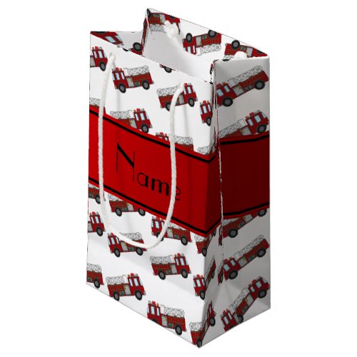 Personalized name white firetrucks red stripe small gift bag