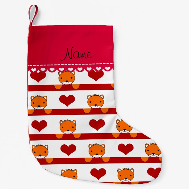 Personalized name white foxes red hearts stripes small christmas stocking (Front)