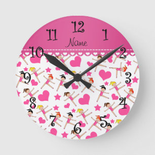 Personalized name white girl gymnasts hearts stars round clock