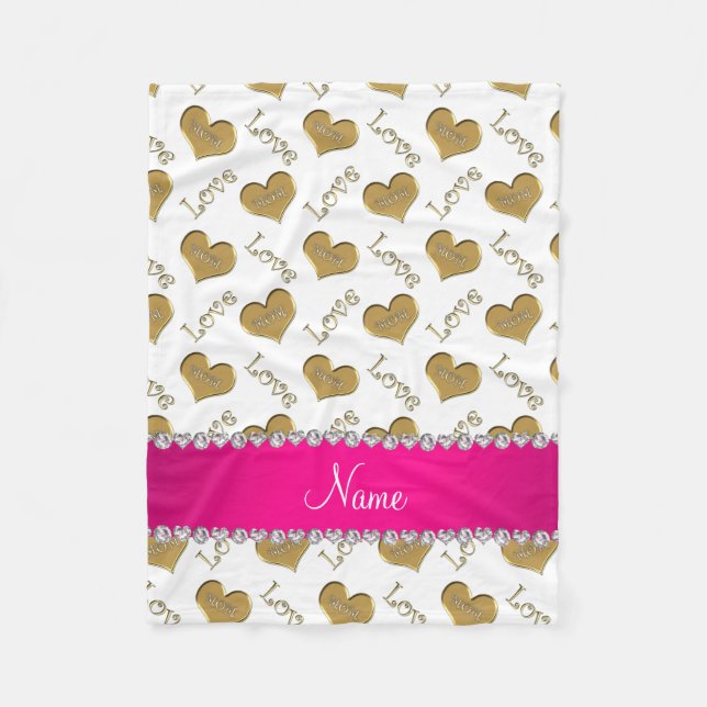 Personalized name white gold hearts mom love fleece blanket (Front)