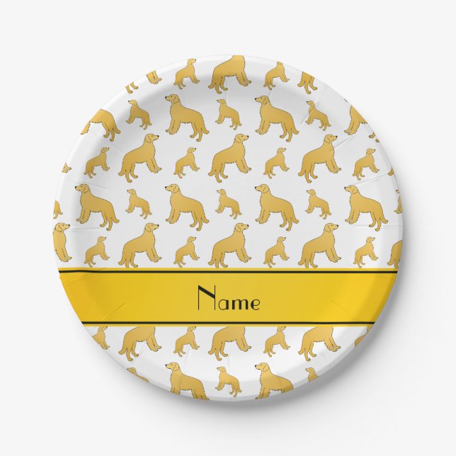 Personalized name white Golden Retriever dogs Paper Plates (Front)