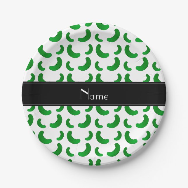 Personalized name white green pickles paper plates (Front)
