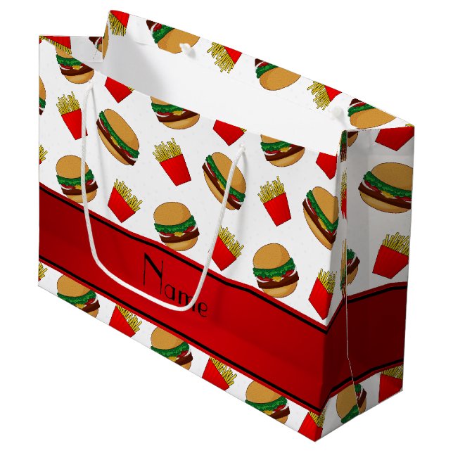 Personalized name white hamburgers fries large gift bag (Front Angled)