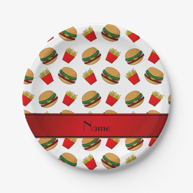 Personalized name white hamburgers fries paper plates (Front)