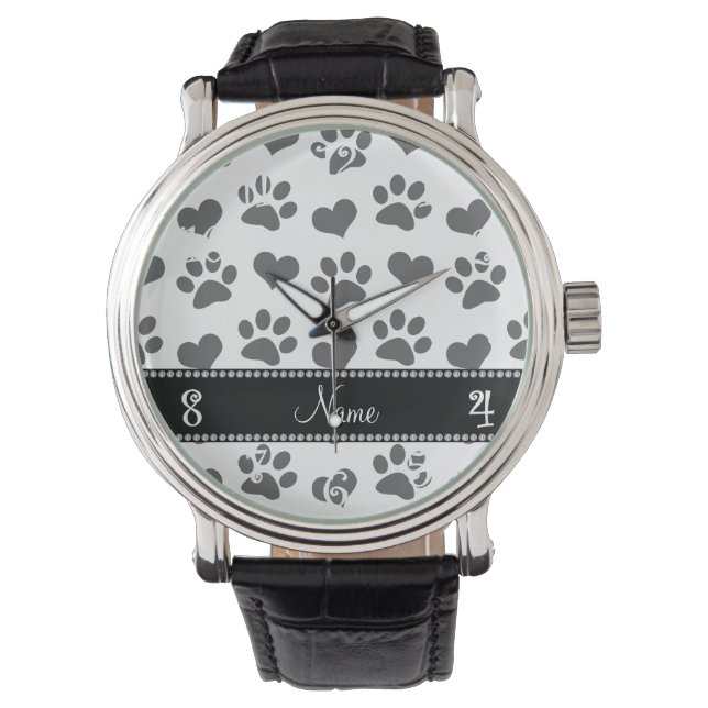 Personalized name white hearts and paw prints watch (Front)