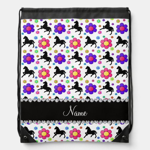 Personalized name white horses flowers pattern drawstring bag