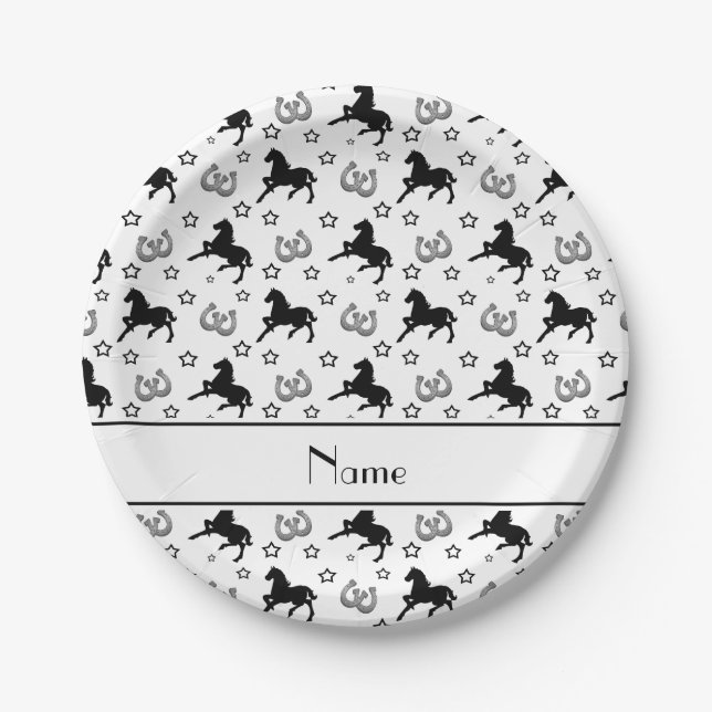 Personalized name white horses stars horseshoes paper plates (Front)