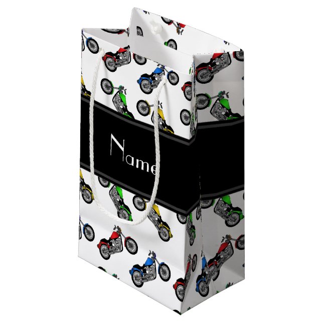 Personalized name white motorcycles small gift bag (Front Angled)