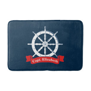 Personalized name, white nautical navy ship wheel, bath mat