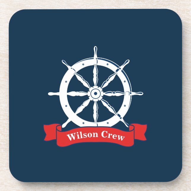 Personalized name, white nautical navy ship wheel, beverage coaster (Front)