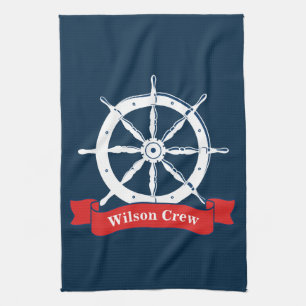 Personalized name, white nautical navy ship wheel, kitchen towel