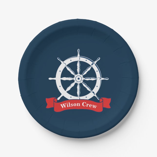 Personalized name, white nautical navy ship wheel, paper plates (Front)