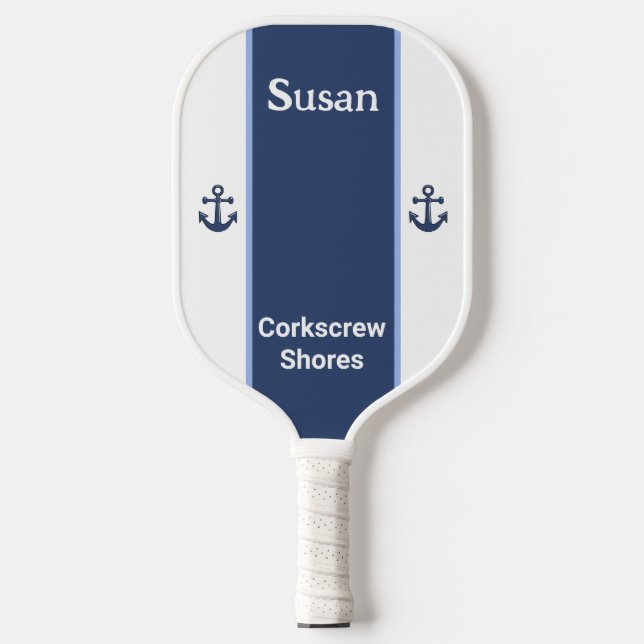 Personalized Name White Navy Blue Anchor  Pickleball Paddle (Front)