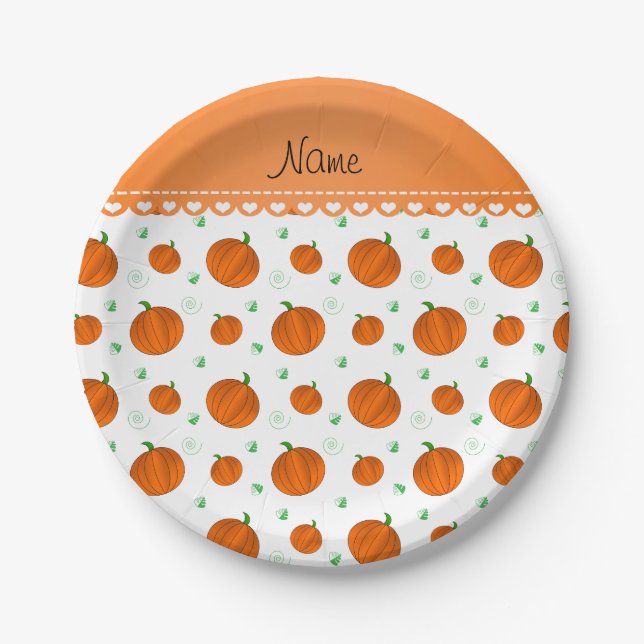 Personalized name white orange pumpkins paper plates (Front)