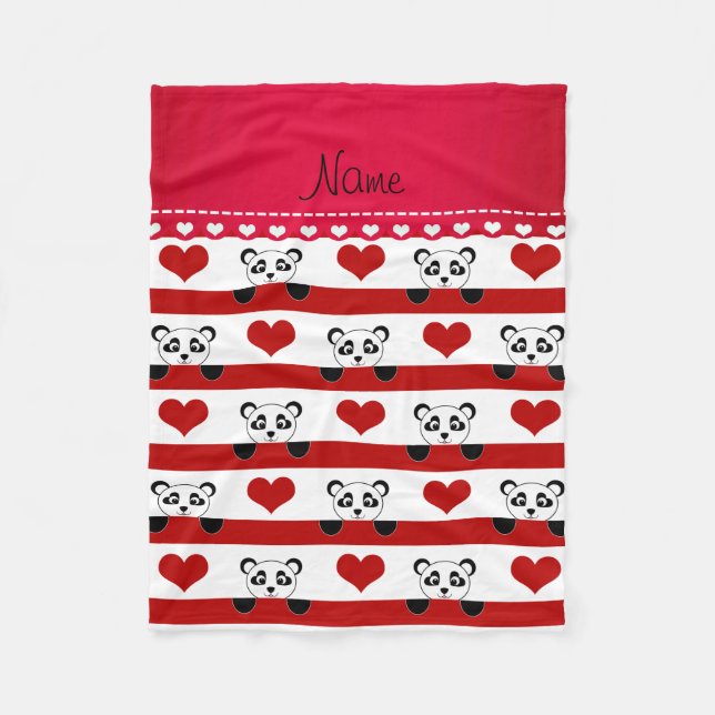 Personalized name white panda red heart stripes fleece blanket (Front)