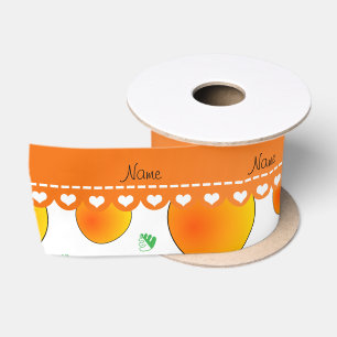Personalized name white peaches green leaves swirl satin ribbon
