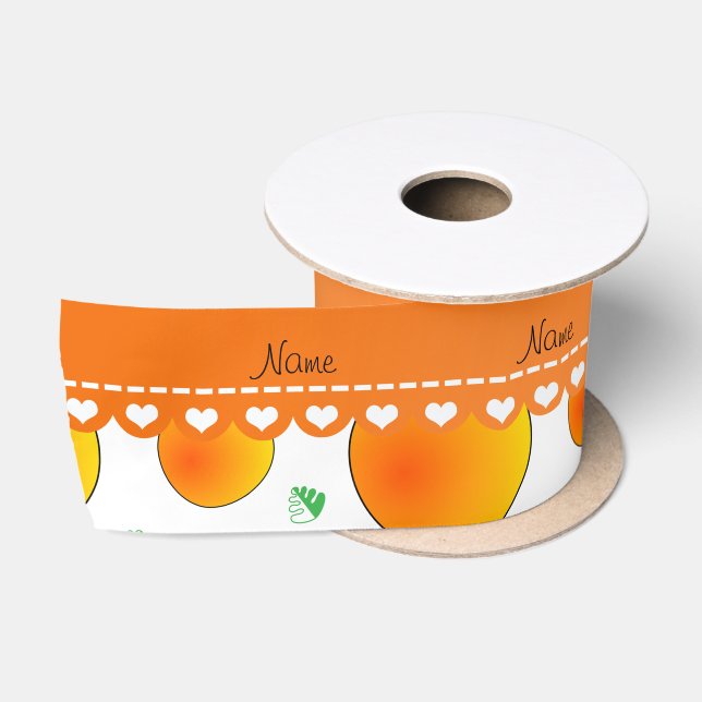 Personalized name white peaches green leaves swirl satin ribbon (Spool)
