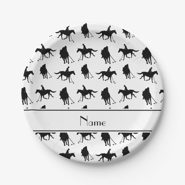Personalized name white polo pattern paper plates (Front)