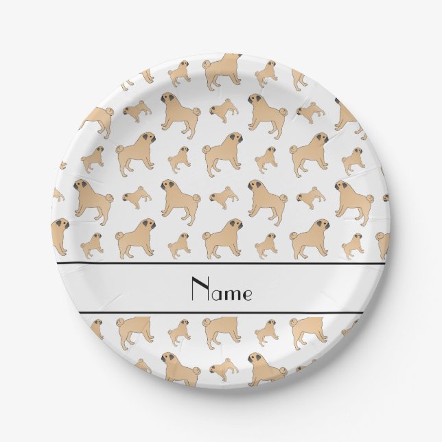 Personalized name white Pug dogs Paper Plates (Front)