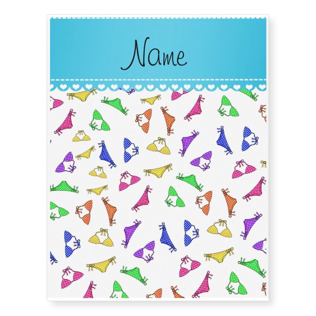 Personalized name white rainbow bikinis temporary tattoos (Front)