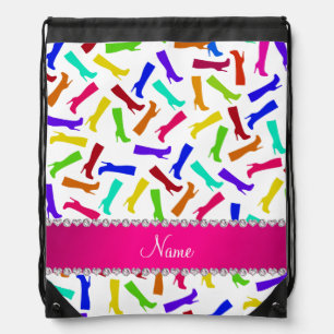 Personalized name white rainbow boots drawstring bag