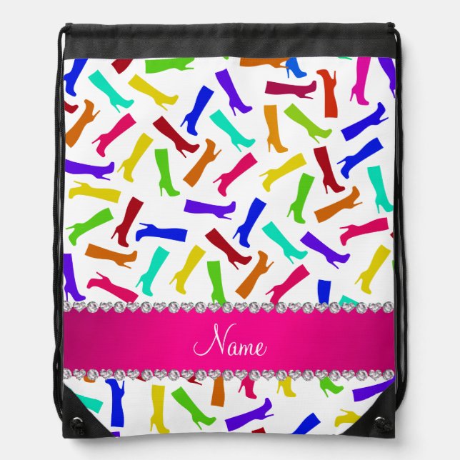Personalized name white rainbow boots drawstring bag (Front)