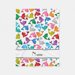 Personalized name white rainbow dolphins fleece blanket